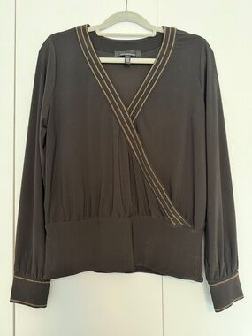 White House Black Market Black Wrap-Style Blouse with Tan-Trim Detail